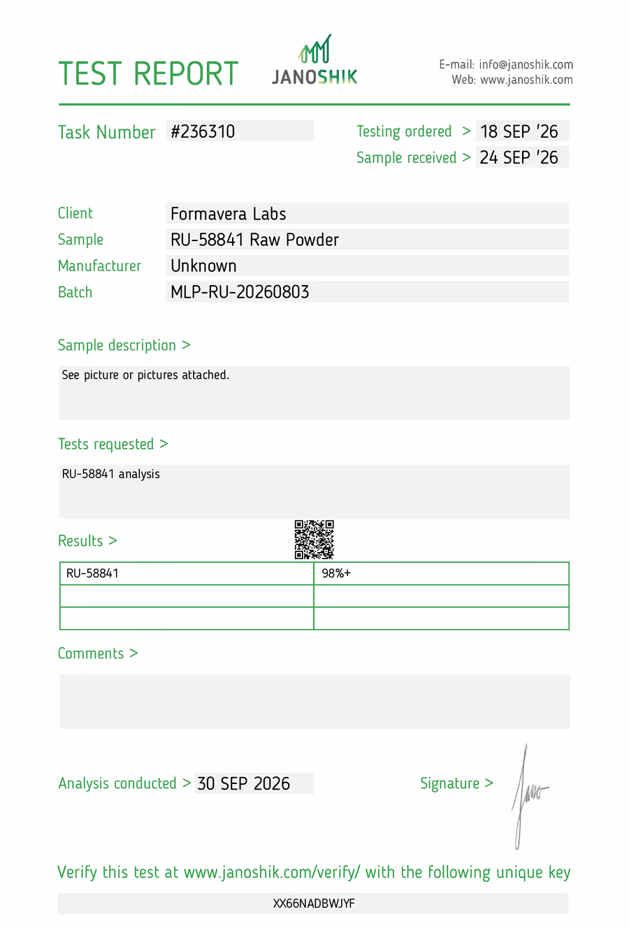 Preview of Janoshik report 236310 for the RU58841 raw-material batch