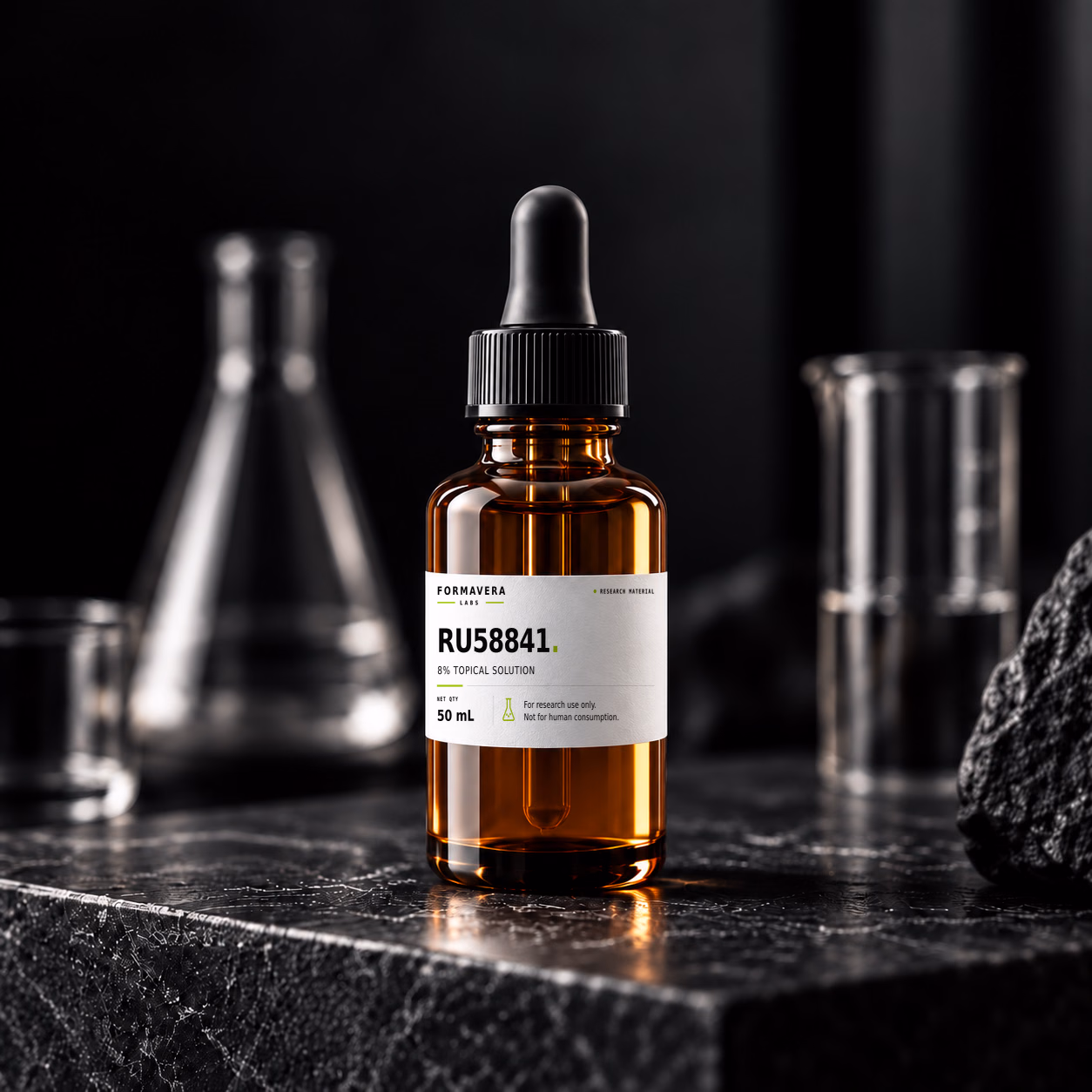 RU58841 8% Topical Solution shown as a controlled packaging render in a laboratory setting