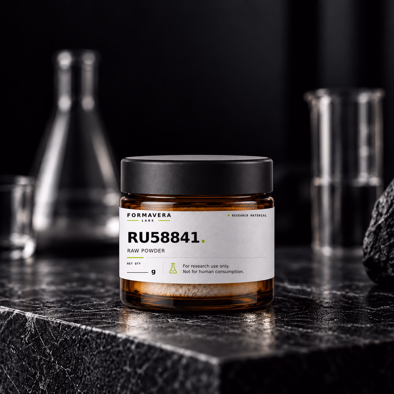 RU58841 Powder shown as a controlled packaging render in a laboratory setting