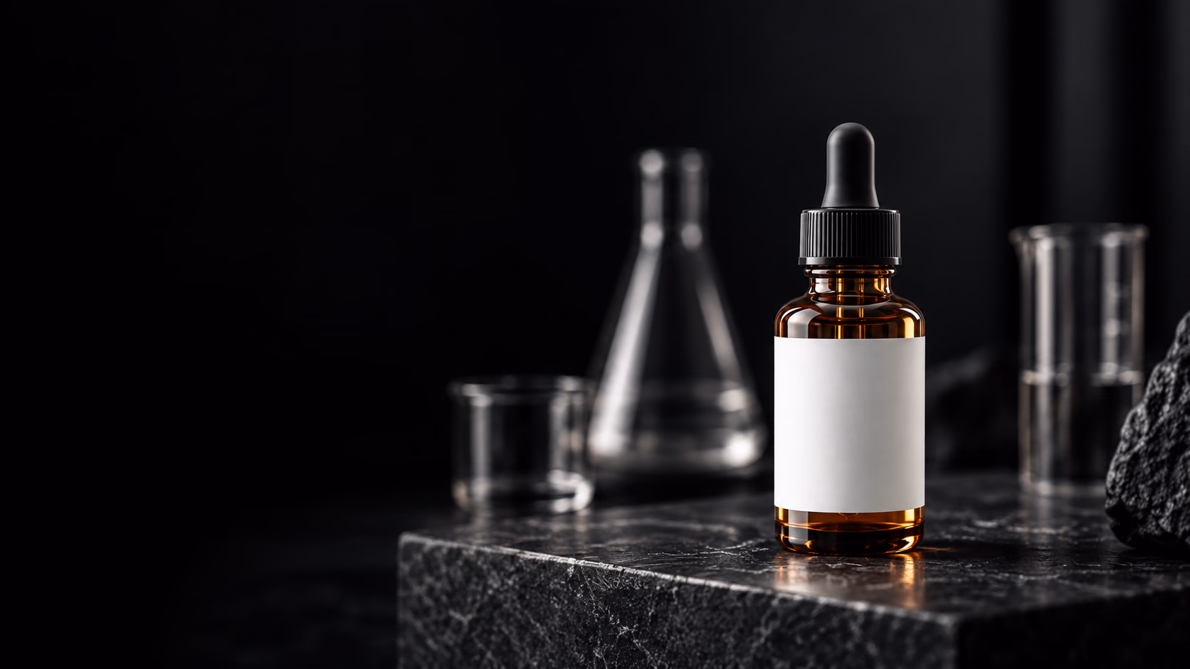 Unprinted amber dropper bottle in a dark laboratory setting